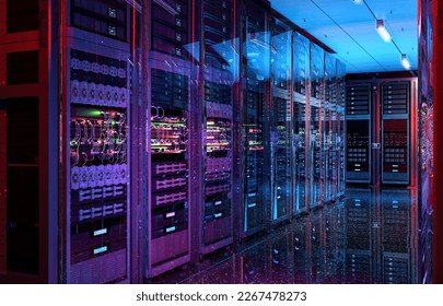 Data center server racks. IT modern hardware server room, data storage center, database information system. Hosting, it data backup, computing technology service, network security, supercomputers, 3D - Powered by Shutterstock