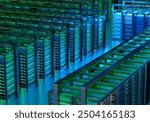 Data center. Servers equipment on premises. Hosting technologies. Telecommunications center. Servers with green neon lighting. Digital information storage. Servers for virtual hosting. 3d image