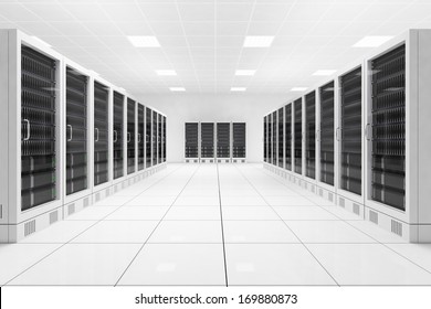 Data Center With Two Rows Of Computers In White Room