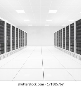 Data Center With Two Rows Of Computers In White Room