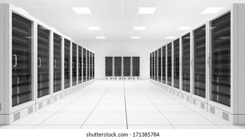 Data Center With Two Rows Of Computers In White Room