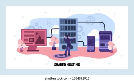 Data center and web hosting concept. Engineer install server software. Cloud data storage. web site design template. Landing page website concept illustration.