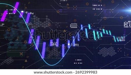 Data chart displaying on dark analytics interface, with cyan sine curve and violet-turquoise bars. Technology, visualization, digital, futurism, ui, interface, innovation
