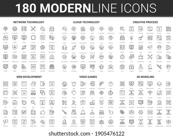 Data cloud digital technology illustration. Flat thin line icon set of creative science tech process, network web security, website and video game development, 3d modeling infographic symbols