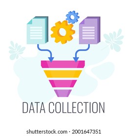 Data Collection Icon. Information falls into the data funnel. Market research. Flat illustration.