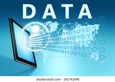 Data illustration with tablet computer on blue background