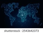 Data and information exchange concept with digital graphic world map covered by glowing dots connected by lines on abstract dark background. 3D rendering