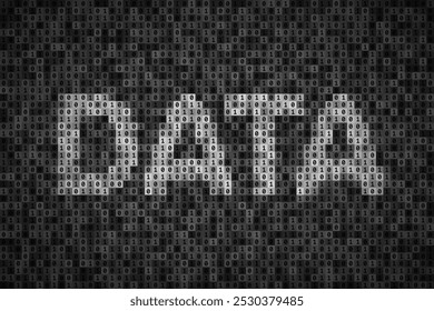 DATA inscription over binary code. Concept of data represented by binary number system, information safety and database security, cybersecurity. Monochrome illustration in shades of gray