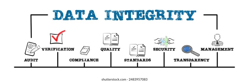 Data integrity Concept. Illustration with keywords and icons. Horizontal web banner.