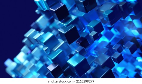 Data or knowledge gathering into place. Big data and Ai concept image.  Dark and light metallic blue block stacked and rising. Shallow depth  of field. 3D illustration, 3D rendering.