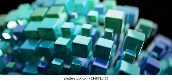 Data or knowledge gathering into place. Big data and Ai concept image. Dark and light metallic blue block stacked and rising or grouping. Shallow depth of field. 3D illustration, 3D rendering.
