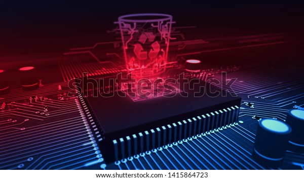 Data management, files deleting, right to\
forgotten concept symbol hologram on dynamic digital background.\
Circuit board 3d\
illustration.