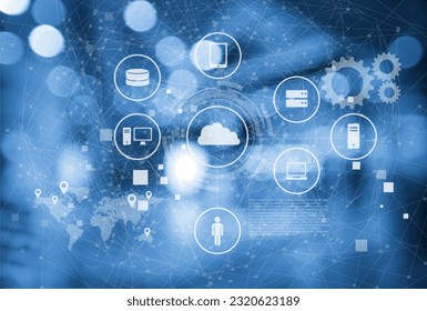 Data Management Platform (DMP) concept. Business man suit point finger to Infographic of texts and omni channel technology icons with globe connect and blue building. Marketing and crm concept.