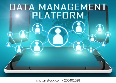 Data Management Platform - text illustration with social icons and tablet computer and mobile cellphones on cyan digital world map background
