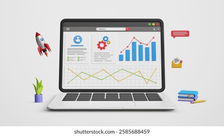 Data management system, data analytics, KPI graph dashboard on a laptop. Financial stats, business operations and sales data, analyze performance and insight reports. 3D illustration