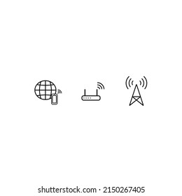 Data Network Outline Icons Set: Earth Emblem, Mobil Phone, Wi Fi Router, Cell Tower.Isolated On White Set Icons, Illustration 5g High Speed Internet Copcept.