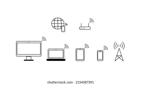 Data Network Outline Icons Set: Earth Emblem, Mobil Phone, Wi Fi Router, Pc, Laptop, Notebook, Phone, Cell Tower.Isolated On White Set Icons, Illustration 5g High Speed Internet Copcept.