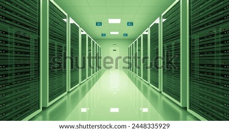 Data and network servers behind glass. Futuristic data center ISP with flickering lights.