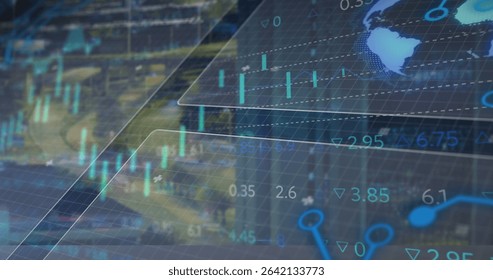 Data panels displaying on online dashboard, with candlestick charts, numeric overlays and world map. Technology, analytics, finance, digital, futuristic, interface, monitoring