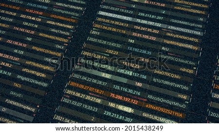 Data with passwords and IP addresses of network. Animation. Rows with personal electronic data of users within network. Database with generated passwords and IP addresses