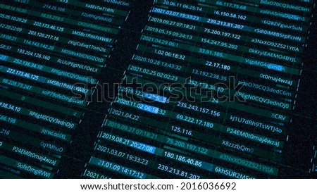 Data with passwords and IP addresses of network. Animation. Rows with personal electronic data of users within network. Database with generated passwords and IP addresses