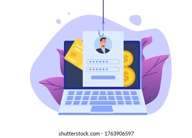 Data phishing, hacking online scam on computer laptop concept. Hacker attack and web security concept. Fishing by email, envelope and fishing hook. Cyber thief.  illustration.
