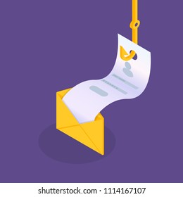 Data phishing isometric, hacking online scam. Fishing by email, envelope and fishing hook. Cyber thief.