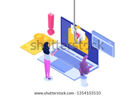 Data phishing isometric, hacking online scam on laptop concept. Fishing by email. Cyber thief.  illustration.