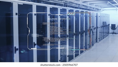 Data processing image over server racks in data center. Technology, networking, cybersecurity, IT, cloud computing, hardware - Powered by Shutterstock