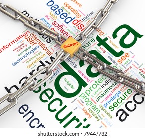 Data protected by chain and padlock on background of  'data protection wordcloud'.