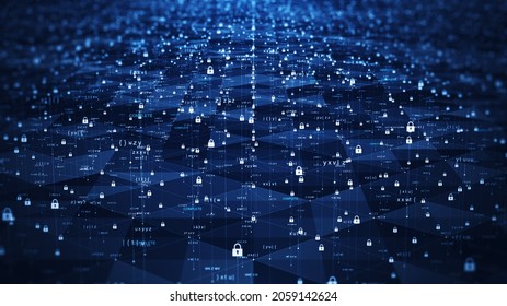 Data Protection Background Is A Concept In Cybersecurity And Privacy Technology. A Small Padlock Binary Polygon That Acts As A Connection. With Dark Blue Background.