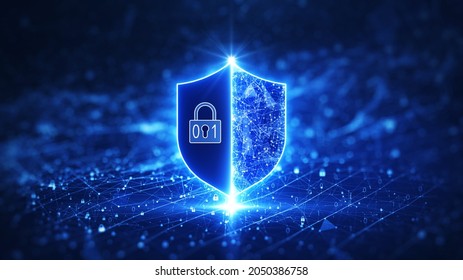 Data protection is a concept in cybersecurity and privacy technologies. There is a shield in the middle. The small padlock serves as the connection point between the polygons. dark blue background