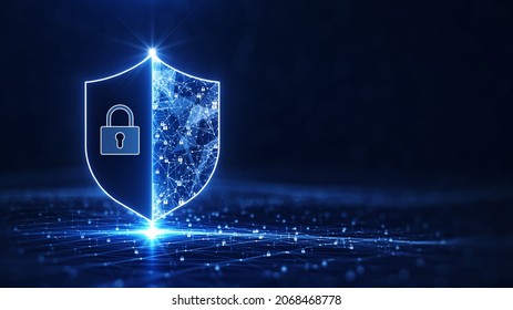 Data Protection Is A Concept In Cybersecurity And Privacy Technologies. There Is A Shield On The Left Side. The Small Padlock Serves As The Connection Point Between The Polygons. Dark Blue Background.