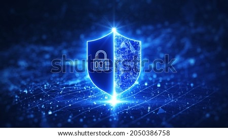Data protection is a concept in cybersecurity and privacy technologies. There is a shield in the middle. The small padlock serves as the connection point between the polygons. dark blue background