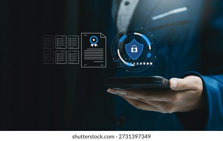 Data protection concept. Smartphone displaying secure document shield interface, digital privacy management, cybersecurity compliance, confidential information control, secure access system.