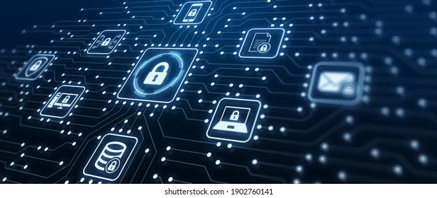 Data Protection and Cyber Security on Internet Server Network with Secure Access to Protect Privacy against Attacks. Illustration with Electronic Circuit Board Connections and Cybersecurity Icons.