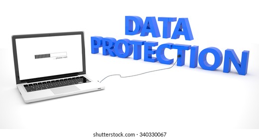 Data Protection - laptop notebook computer connected to a word on white background. 3d render illustration.