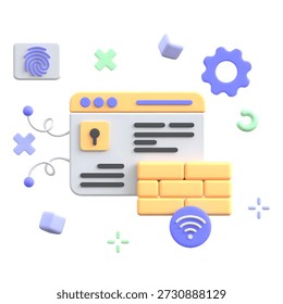 Data protection and network security featuring a secure web browser protected by a brick firewall wall, fingerprint authentication, and wireless connectivity symbols in this 3D icon.