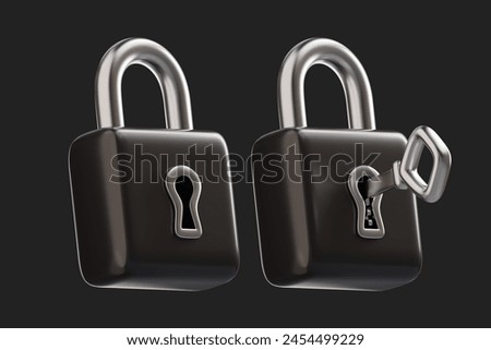 Data protection, safety, encryption, protection, privacy concept. Realistic 3d design of padlock, locked with key. The personal data protection. 3d rendered illustration. 3D Illustration
