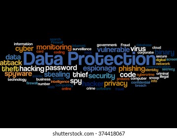 Data Protection, word cloud concept on black background.