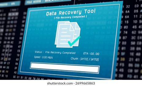 Data recovery process screen on cloud storage server, database protection backup for restore secure file sharing network, cyber security software technology illustration, retro computer monitor UI