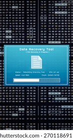 Data recovery process screen on cloud storage server, database protection backup for restore secure file sharing network, cyber security software technology illustration, retro computer monitor UI