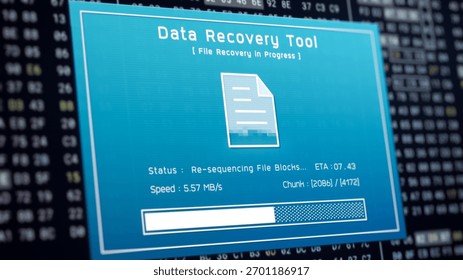 Data recovery process screen on cloud storage server, database protection backup for restore secure file sharing network, cyber security software technology illustration, retro computer monitor UI