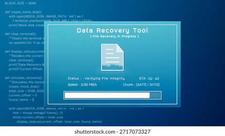 Data recovery process screen on blue background, programming protection code restore database network backup, cyber security software technology illustration, retro computer monitor UI cloud server