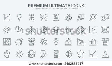 Data report and science model research, deep analysis with AI thin line icons set illustration. Abstract outline machine learning, probability calculation, algorithms and system prediction