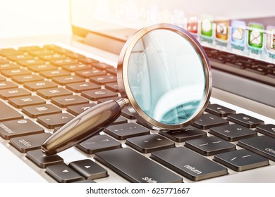 Data search technology concept, magnifying glass on laptop computer keyboard close-up view, 3d illustration