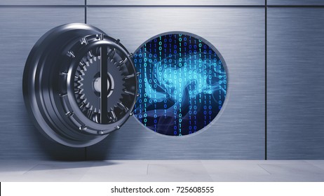 Data security in banking sector - open vault with binary code inside symbolizing open banking - 3D illustration