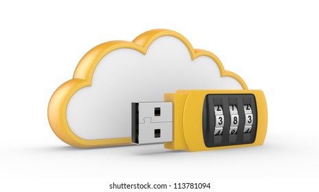 Data security concept. USB flash drive with combination lock and cloud. 3D image on white