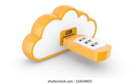 Data security concept. USB flash drive with combination lock and cloud. 3D image on white