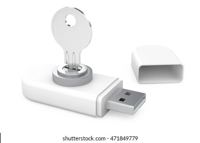 Data Security Concept. USB Flash Memory Drives with Key on a white background. 3d Rendering